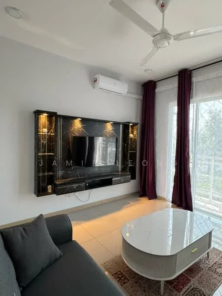 Living features: grey fabric sofa, marble coffee table, wall-mounted TV, black marble feature wall, recessed lighting, ceiling fan, air conditioning unit, floor-to-ceiling windows, sheer curtains, dark purple curtains, tile flooring, decorative area rug; style: modern; view: garden.