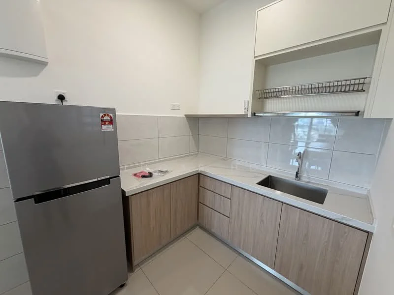 Kitchen features: stainless-steel single-bowl sink, chrome pull-down faucet, grey laminate countertop, white tiled backsplash, wood cabinetry with flat-panel design, built-in shelf above countertop, stainless-steel refrigerator, ceramic tile flooring, wall-mounted cabinet, under-cabinet lighting; style: modern.