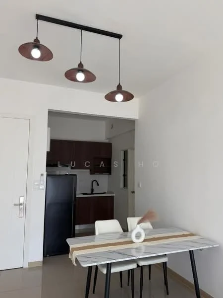 Dining features: dining table with marble top, 4 upholstered dining chairs, 3 pendant lights with copper shades, white walls, tile flooring, kitchen visible in background, black refrigerator, wood cabinetry in kitchen; style: modern.