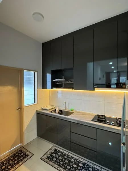 Kitchen features: black high-gloss cabinetry, white tiled backsplash, stainless-steel sink, chrome pull-down faucet, built-in gas hob, extraction hood, white countertop, recessed LED lighting, grey walls, ceramic tile flooring, window with sheer curtains, door leading to another room, decorative area rug; style: modern.