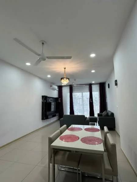 Living features: white painted walls, tile flooring, 5-blade ceiling fan with light, recessed LED downlights, chandelier, sofa in grey, dining table with 4 chairs, TV console, wall-mounted TV, curtains in dark purple, area rug, decorative wall clock; style: modern.