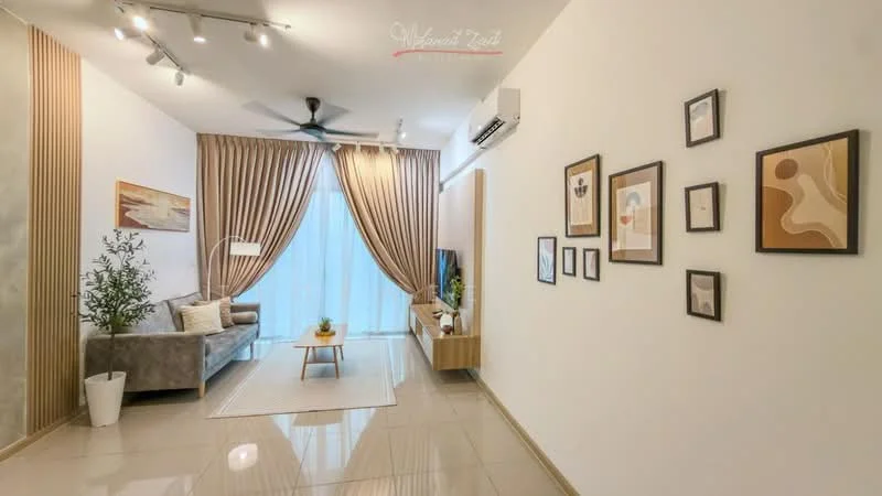 Living features: grey fabric sofa, coffee table, TV console, wall-mounted TV, area rug, floor-to-ceiling windows, sheer curtains, 5-blade ceiling fan, recessed downlights, decorative wall art, wooden feature wall, potted plant; style: modern; view: city.