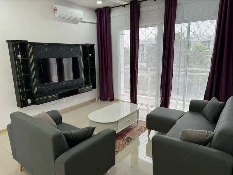 Living features: grey fabric 3-seater sofa, grey fabric 2-seater sofa, white coffee table, black marble feature wall, wall-mounted TV, floor-to-ceiling windows, sheer curtains, dark purple curtains, air conditioning unit, light-colored tiled flooring; style: modern; view: city.