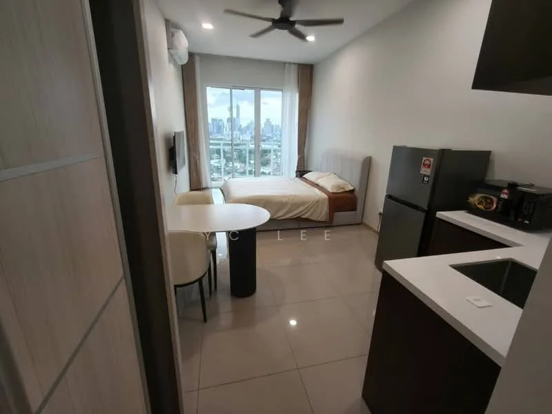 Living features: single bed, upholstered headboard, floor-to-ceiling windows, city view, wall-mounted TV, 2-seater dining table, white dining chairs, round dining table, refrigerator, black kitchen cabinets, white countertop, sink, ceiling fan with light, light-colored walls, tile flooring; style: modern; view: city.