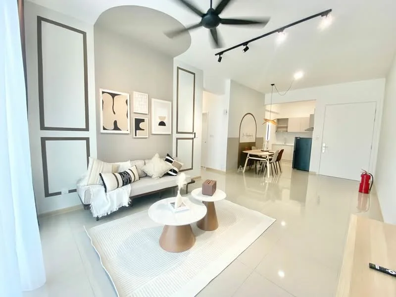 Living features: 3-seater fabric sofa in light grey, 2 round coffee tables with wooden bases, area rug with geometric pattern, wall-mounted TV, pendant light fixture, 5-blade ceiling fan with light, white sheer curtains, decorative wall art, light grey accent wall, cream painted walls, open dining area visible in background, dining table with chairs; style: modern.