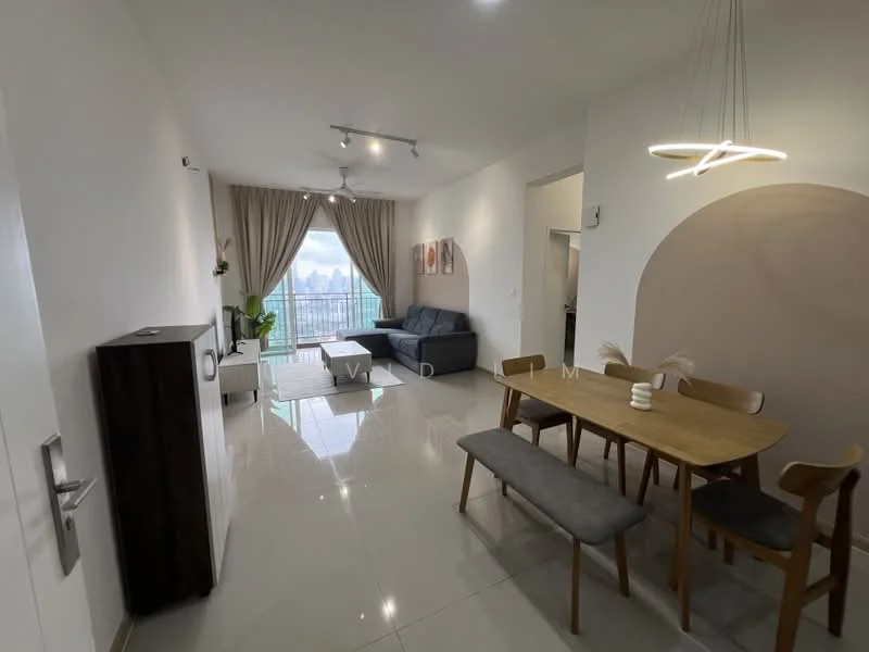 Living features: grey fabric sofa, coffee table, area rug, floor-to-ceiling windows, curtains, ceiling fan, recessed downlights, wall-mounted artwork, potted plant, light wood dining table, upholstered dining chairs, decorative vase; style: modern; view: city.