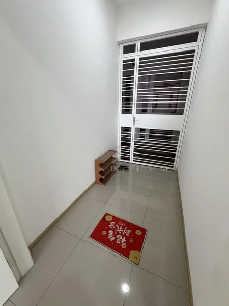 Room features: white painted walls, glossy ceramic tile flooring, sliding glass door, metal security grille, welcome mat, wooden shoe rack, natural light from door, neutral color scheme; style: modern.