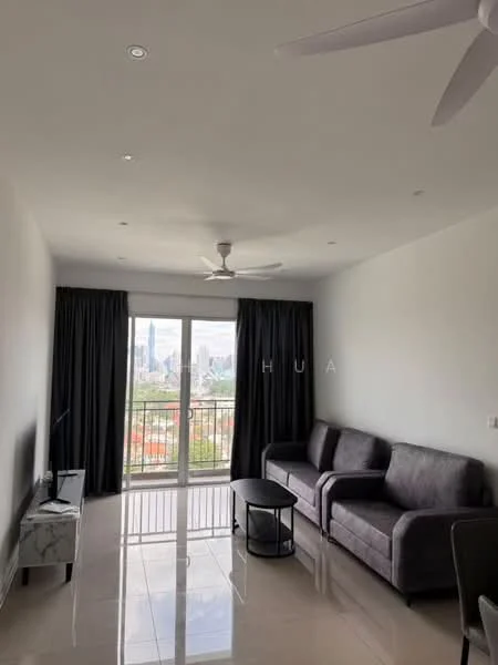 Living features: 3-seater fabric sofa in grey, 2-seater fabric sofa in grey, coffee table, floor-to-ceiling windows, blackout curtains, 5-blade ceiling fan, recessed downlights, glossy tile flooring, TV console, wall-mounted TV, city view; style: modern; view: city.