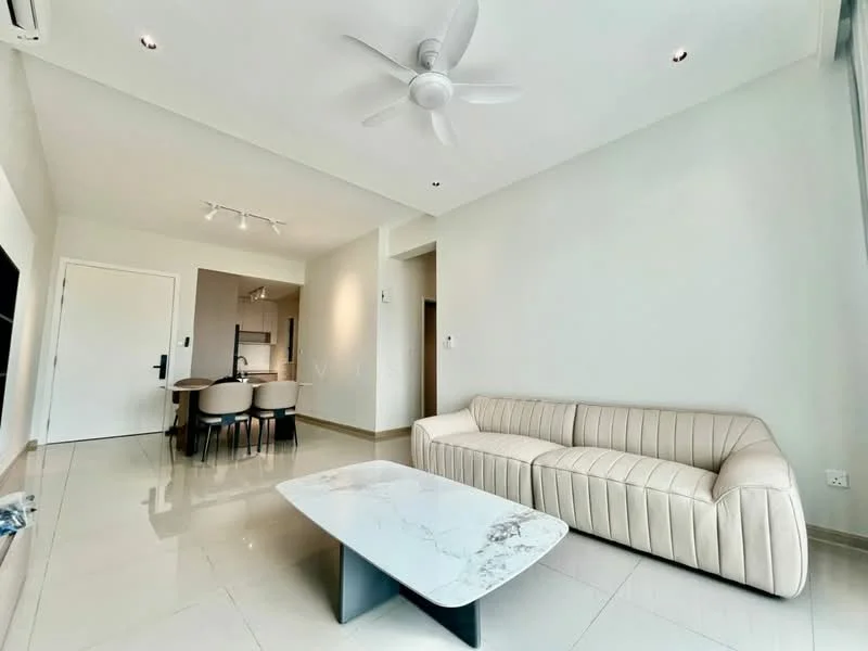 Living features: 3-seater fabric sofa in cream, marble coffee table, wall-mounted TV, 5-blade ceiling fan with light, recessed downlights, glossy tile flooring, white painted walls, open layout to dining area; style: modern.