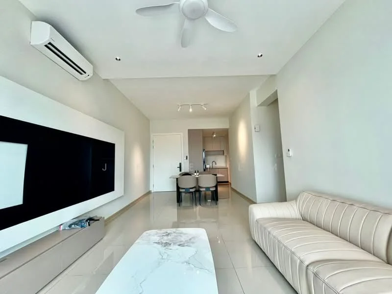 Living features: 3-seater fabric sofa in beige, marble coffee table, wall-mounted TV, built-in TV console, 1 ceiling fan, 1 wall-mounted split AC, recessed downlights, glossy tile flooring, neutral painted walls; style: modern. Dining features: 4-seater dining table, upholstered dining chairs; style: modern.