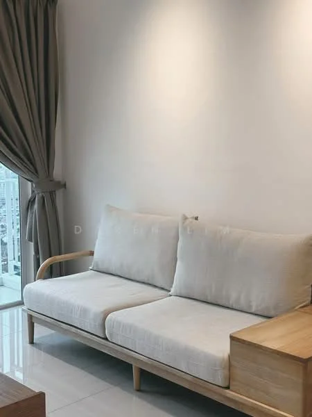 Living features: light grey fabric sofa, wooden frame sofa, white painted walls, glossy tile flooring, floor-to-ceiling windows, sheer curtains, wooden side table, city view; style: modern; view: city.