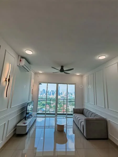 Living features: light grey fabric sofa, round coffee table, wall-mounted TV, white TV console, 5-blade ceiling fan with light, recessed LED downlights, floor-to-ceiling windows, white painted walls with paneling, glossy tile flooring, air conditioning unit; style: modern; view: city.