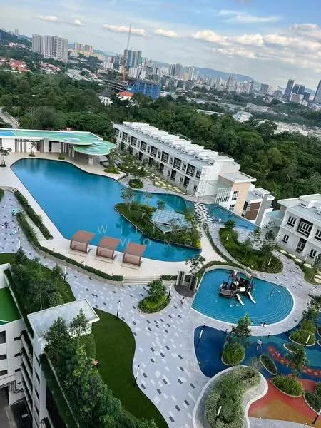 Exterior type: high-rise condominium; features: infinity pool, lap pool, children's playground, pool deck with loungers, landscaped garden, manicured lawn, water features, outdoor seating areas, surrounded by greenery, modern architectural design; style: modern.