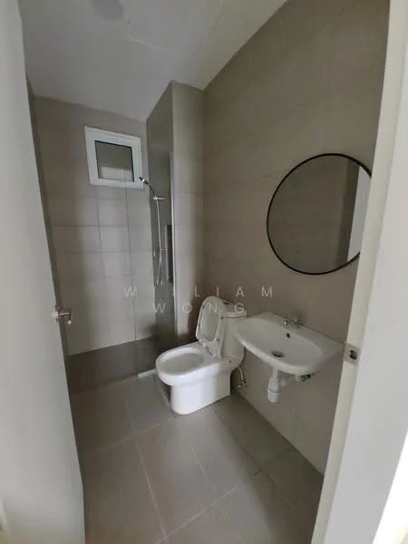 Bathroom features: grey tiled walls, light grey tiled flooring, one-piece toilet, wall-mounted sink, round mirror, shower with glass partition, shower head, window for natural light; style: modern.