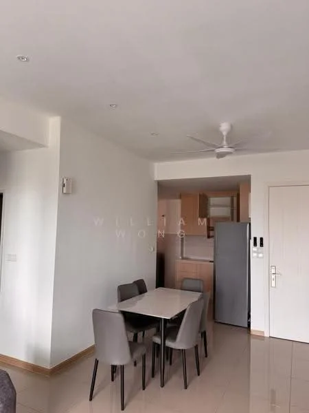 Dining features: white painted walls, glossy tile flooring, 5-blade ceiling fan, dining table for 4, upholstered dining chairs in grey, refrigerator, kitchen cabinetry visible in background, open layout to kitchen; style: modern.