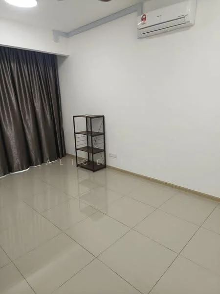 Room features: cream painted walls, glossy ceramic tile flooring, floor-to-ceiling window with sheer curtains, 1 wall-mounted split AC, metal shelving unit, recessed downlights; style: modern.
