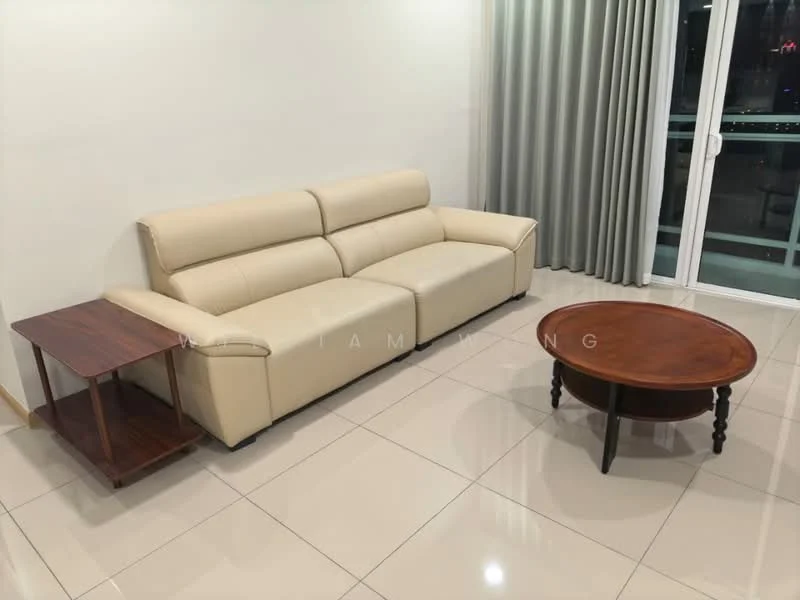 Living features: beige leather sofa, round wooden coffee table, side table, white painted walls, glossy tile flooring, floor-to-ceiling windows, sheer curtains, curtains in grey, city view; style: modern; view: city.