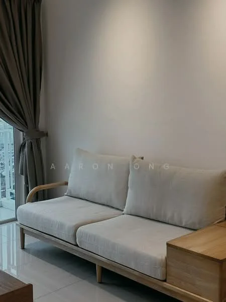Living features: light grey fabric sofa, wooden frame, white painted walls, glossy tile flooring, floor-to-ceiling windows, curtains in dark brown, wooden side table; style: modern; view: city.