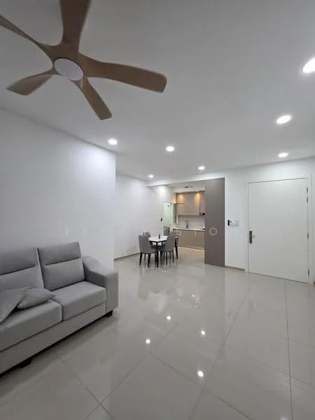 Living features: 3-seater fabric sofa in light grey, ceiling fan with 3 blades, recessed LED downlights, glossy tile flooring, white painted walls, dining table for 4, open-plan layout to kitchen, neutral color palette; style: modern. Kitchen features: kitchen cabinetry in light color, countertop with integrated sink, built-in oven, stainless-steel fridge, open layout to living area; style: modern.