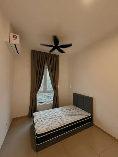 Bedroom features: single bed frame, mattress, floor-to-ceiling window, curtains, wall-mounted split AC, 5-blade ceiling fan, cream painted walls, tile flooring; style: modern; view: city.