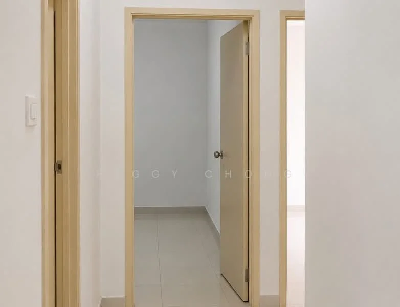 Room features: white painted walls, light beige tiled flooring, wooden door frames, plain doors, neutral color scheme, no visible furniture or decor; style: modern.