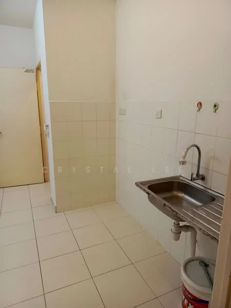 Laundry features: single-bowl stainless-steel sink, chrome faucet, white tiled walls, white tiled flooring, wall-mounted electrical outlets, drainage pipe, storage bucket, light switch.