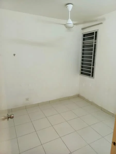 Room features: white painted walls, tile flooring, ceiling fan, single window with metal grille, neutral color scheme, no visible furniture, light source from ceiling, corner location; style: minimalist.