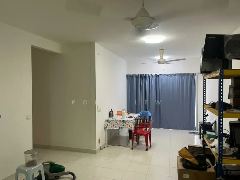 Room features: white painted walls, tiled flooring, ceiling fan, dining table with tablecloth, red plastic chairs, blue curtains, shelving unit, vacuum cleaner, electronic devices on shelves; style: modern.