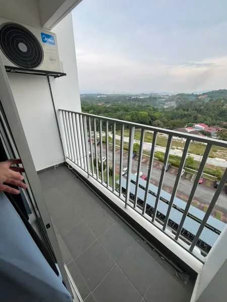 Balcony features: sliding glass door, metal railing, grey tiled flooring, wall-mounted air conditioning unit, view of greenery, view of road, outdoor space; style: modern; view: garden.