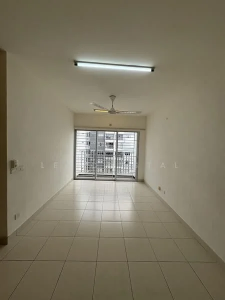 Living features: white painted walls, tile flooring, 5-blade ceiling fan, sliding glass door, floor-to-ceiling windows, natural light, neutral color scheme, open layout; style: modern; view: city.