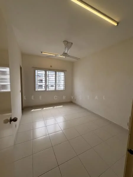 Room features: white painted walls, tile flooring, ceiling fan, three-pane windows with metal grilles, natural light from windows, neutral color scheme, no visible furniture, plain ceiling; style: minimalist.