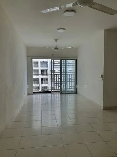 Living features: white painted walls, glossy ceramic tile flooring, 2 ceiling fans, floor-to-ceiling sliding glass doors, balcony access, natural light from windows, neutral color scheme, minimalist decor; style: modern; view: city.