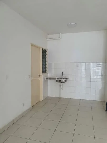 Room features: white painted walls, white tiled flooring, single-bowl stainless-steel sink, chrome faucet, wall-mounted cabinet, window with metal grille, light fixture on ceiling; style: modern.