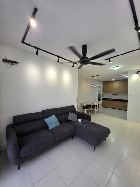 Living features: 3-seater fabric sofa in grey, light blue decorative cushion, ceiling fan, recessed LED downlights, white painted walls, tile flooring, open layout to kitchen and dining area, track lighting; style: modern. Kitchen features: wood cabinetry, countertop, stainless-steel appliances, open layout to living area; style: modern.