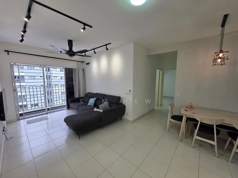 Living features: L-shape sectional sofa in grey, wall-mounted TV, 5-blade ceiling fan with light, recessed downlights, sliding glass door, floor-to-ceiling windows, white painted walls, tile flooring, area rug, dining table with chairs; style: modern; view: city.