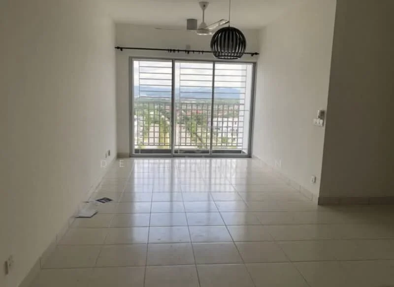 Living features: white painted walls, ceramic tile flooring, 5-blade ceiling fan, floor-to-ceiling windows, black pendant light, sliding glass door, city view, neutral decor; style: modern; view: city.