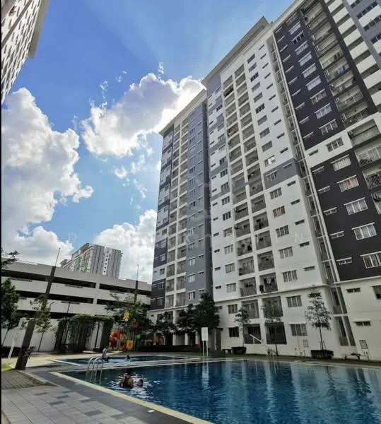 Exterior type: high-rise condominium; features: glass curtain wall, white painted facade, black accent panels, approximately 20-storey high-rise, infinity pool, pool deck with loungers, landscaped garden area, children's playground, manicured lawn, surrounded by mature greenery; style: modern.