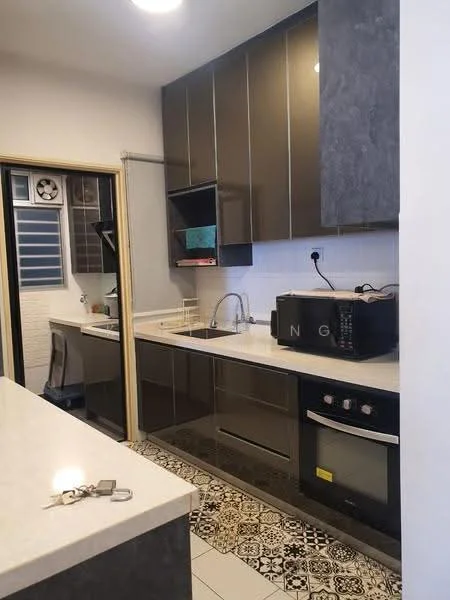 Kitchen features: dark cabinetry with glossy finish, white quartz countertop, single-bowl stainless-steel sink, chrome pull-down faucet, built-in oven, freestanding microwave, ceramic tile backsplash, decorative patterned floor tiles, recessed downlights, wall-mounted extractor hood, open shelving, kitchen island with seating, wall-mounted storage, window with blinds; style: modern.