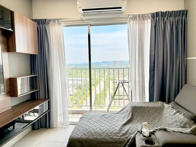 Room features: floor-to-ceiling windows, grey curtains, sheer white curtains, grey sofa, wooden TV console, wall-mounted TV, air conditioning unit, decorative throw blanket, white tiled flooring, view of city skyline, balcony access; style: modern; view: city.