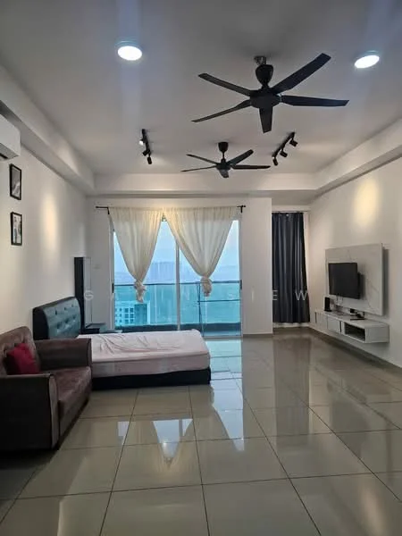 Living features: floor-to-ceiling windows, sliding glass door, grey curtains, white sheer curtains, 2 ceiling fans, recessed LED downlights, wall-mounted TV, TV console, sofa in dark brown, single bed with mattress, polished ceramic tile flooring, white painted walls; style: modern; view: city.