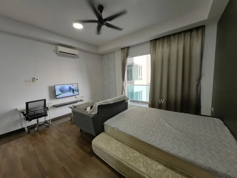 Bedroom features: queen-size bed, upholstered headboard, sofa, coffee table, wall-mounted TV, TV console, floor-to-ceiling window, curtains, wooden flooring, 1 wall-mounted split AC, ceiling fan; style: modern.