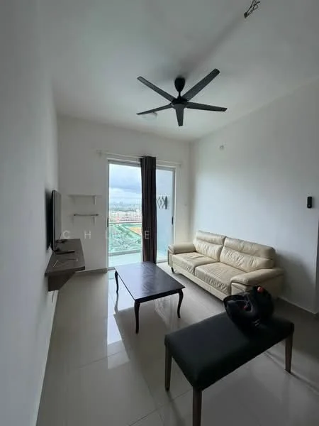 Living features: white painted walls, polished ceramic tile flooring, 5-blade ceiling fan with light, sofa in cream color, coffee table, TV console, floor-to-ceiling windows, curtains, view of city skyline; style: modern; view: city.