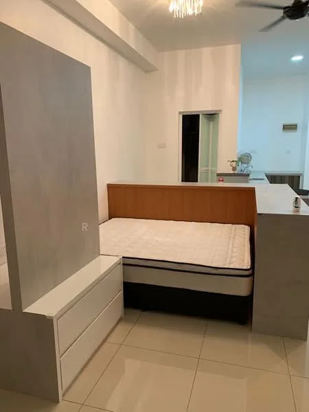 Bedroom features: queen-size bed, white mattress, wooden headboard, built-in wardrobe, white bedside table, white wall, tile flooring, ceiling fan, chandelier, open layout, natural light from adjacent room; style: modern.