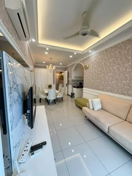 Living features: cream painted walls, white ceiling with recessed lighting, 5-blade ceiling fan with light, large cream sofa, marble coffee table, TV console with marble finish, wall-mounted TV, tile flooring, decorative wall with floral pattern, area rug, open layout to dining area; style: modern. Dining features: round dining table, upholstered dining chairs, chandelier, white cabinetry in background, open layout to living area; style: modern.