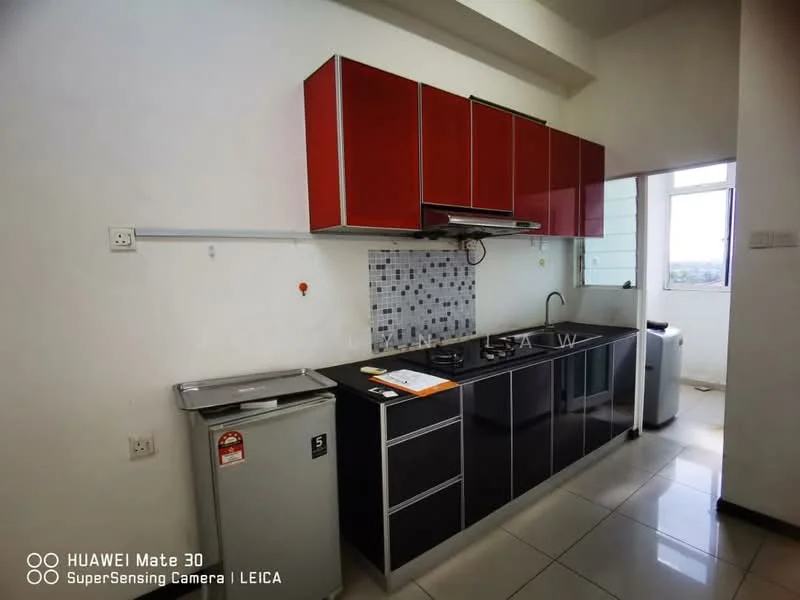Kitchen features: red upper cabinets, black lower cabinets, black countertop, stainless-steel sink, chrome pull-down faucet, 4-burner gas hob, built-in range hood, mosaic tile backsplash, refrigerator, window with city view, white walls, ceramic tile flooring; style: modern; view: city.