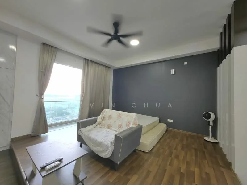 Living features: wooden flooring, grey accent wall, floor-to-ceiling windows, sheer curtains, 5-blade ceiling fan with light, sofa, coffee table, decorative fan, wall-mounted air conditioning unit; style: modern; view: city.