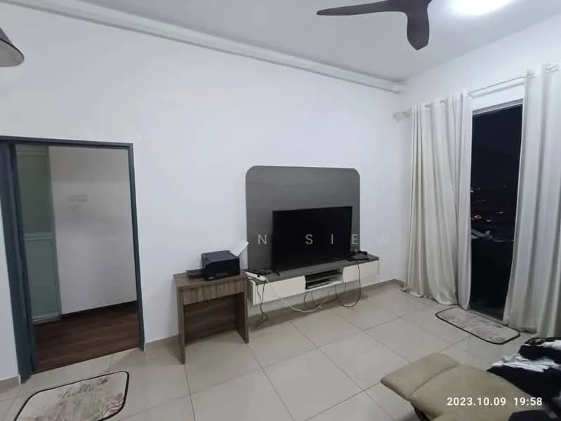 Living features: white painted walls, tile flooring, 5-blade ceiling fan, wall-mounted TV, TV console, decorative wall panel behind TV, curtains, area rug; style: modern; view: city.