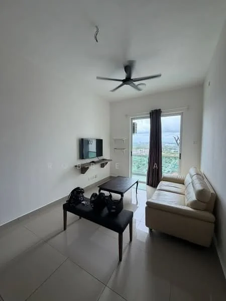 Living features: white painted walls, grey tiled flooring, 5-blade ceiling fan, wall-mounted TV, sofa in cream color, coffee table, floor-to-ceiling windows, curtains in dark brown; style: modern; view: city.
