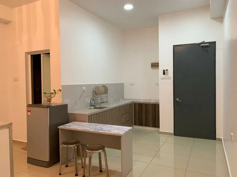 Kitchen features: white painted walls, grey tile flooring, marble countertop, wood cabinetry, stainless-steel fridge, 2 metal stools, single-bowl stainless-steel sink, chrome pull-down faucet, recessed downlights, open shelving; style: modern.