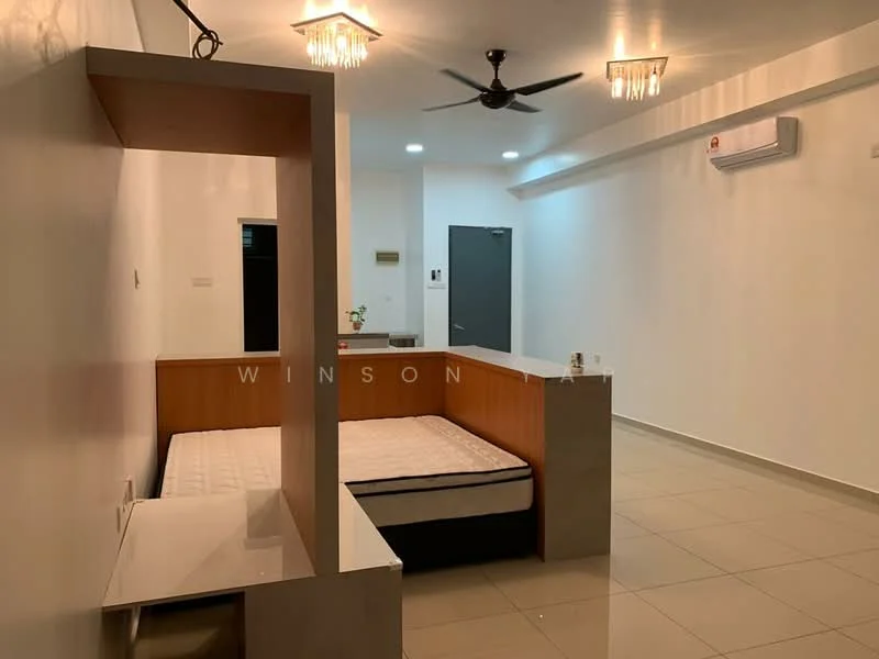 Room features: white painted walls, recessed downlights, 5-blade ceiling fan, glossy tile flooring, built-in bed frame with storage, open shelving, wall-mounted air conditioning unit, neutral color scheme; style: modern.